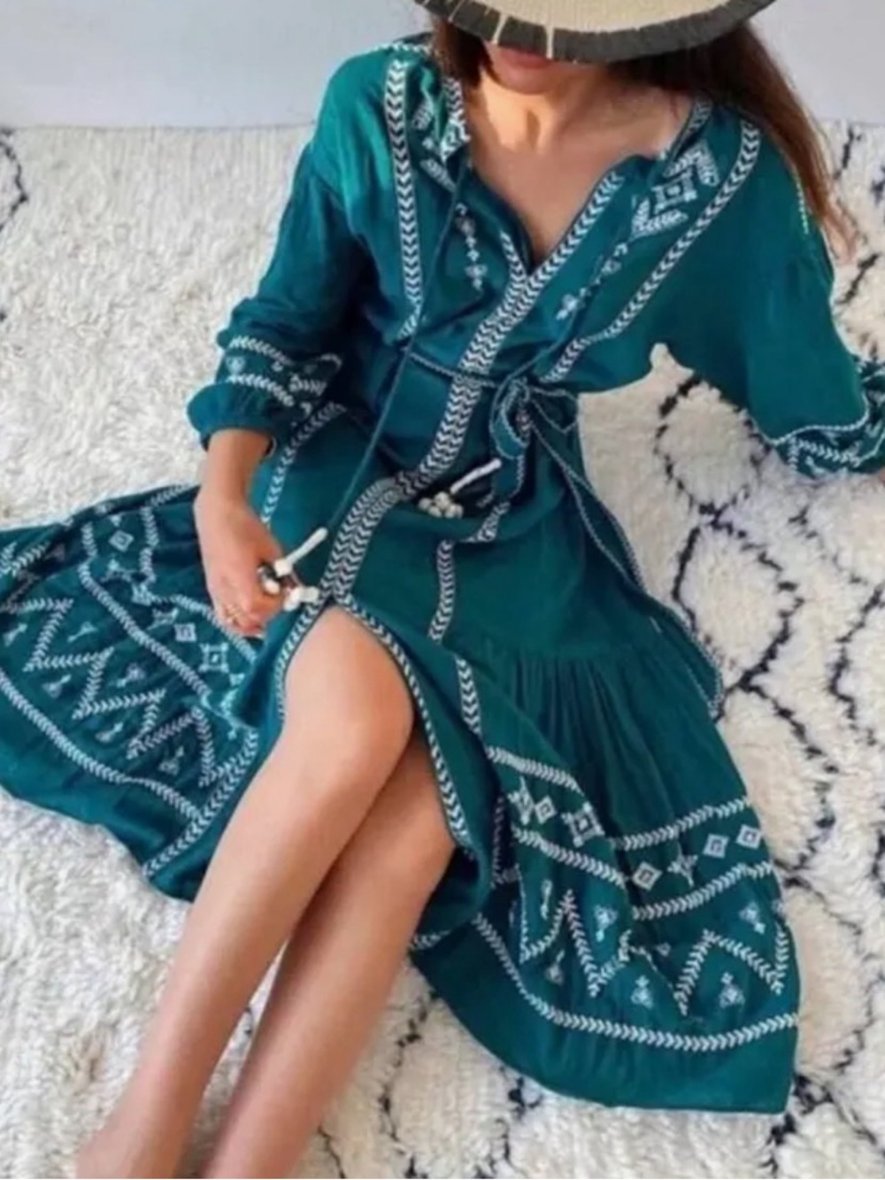 Zara Teal Embroidered Midi Dress with Tassel Ties